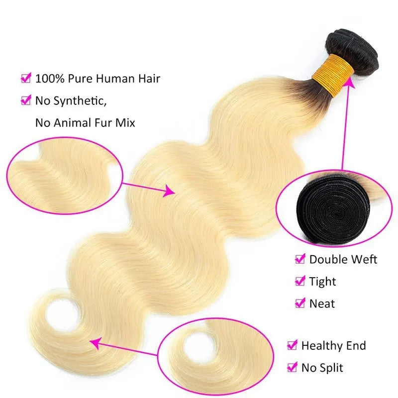 9A #1B/613 Blonde Hair With Dark Roots Hair Weaving Body Wave